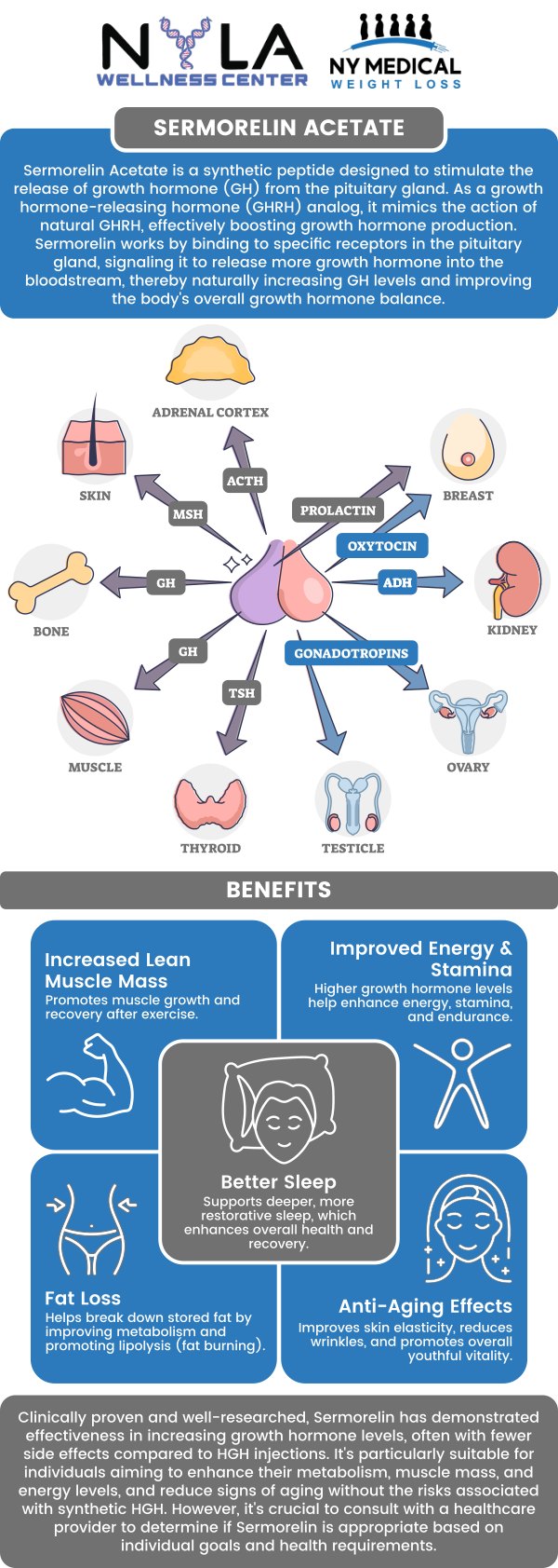 Sermorelin Acetate injections are a peptide therapy used in medical weight loss to stimulate the production of growth hormone, which can help with fat burning, muscle growth, and improved metabolism. At NY Medical Weight Loss, our medical professionals integrate it into broader strategies to improve overall health, ensuring our patients receive a tailored approach that aligns with their wellness goals. For more information, contact us or schedule an appointment online. We are conveniently located at 65 Hilton Ave #250, Garden City, NY 11530. Sermorelin Acetate injections are a peptide therapy used in medical weight loss to stimulate the production of growth hormone, which can help with fat burning, muscle growth, and improved metabolism. At NY Medical Weight Loss, our medical professionals integrate it into broader strategies to improve overall health, ensuring our patients receive a tailored approach that aligns with their wellness goals. For more information, contact us or schedule an appointment online. We are conveniently located at 65 Hilton Ave #250, Garden City, NY 11530.