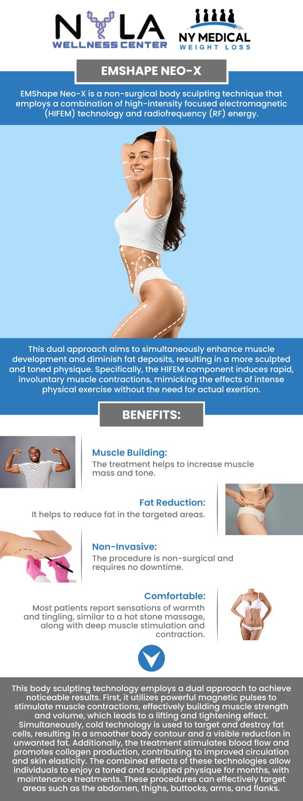 Emshape Neo-X offers a breakthrough in non-invasive body contouring, helping you achieve a more toned and defined physique without surgery. The innovative treatment simultaneously leverages radiofrequency and HIFEM+ technology to burn fat, build muscle, and tighten skin. This makes it an ideal solution for those looking to enhance their body shape and gain a more sculpted appearance with no downtime. For more information, contact us or request an appointment online. We are conveniently located at 65 Hilton Ave #250, Garden City, NY 11530.