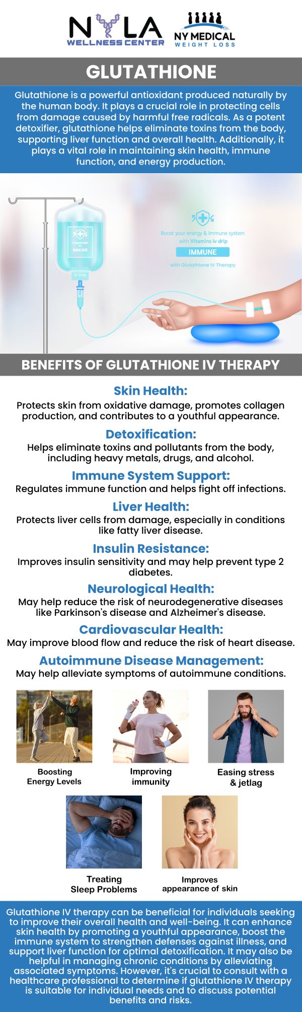 Glutathione injections are a powerful treatment that delivers antioxidants directly into the bloodstream. These injections are well-known for their skin-whitening effects, as well as their ability to protect cells from oxidative damage and promote overall cellular health. At NY Medical Weight Loss, our medical professionals offer glutathione injections that can improve skin health, aid in detoxification, and enhance general wellness. For more information, contact us or schedule an appointment online. We are conveniently located at 65 Hilton Ave #250, Garden City, NY 11530.